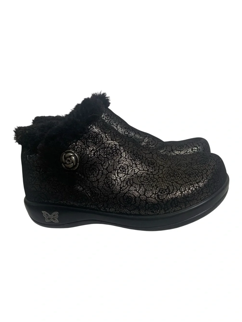 Alegria Meri Black Florette Roses Leather Ankle Boots Faux Fur Trim  36W/5.5-6W